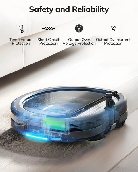Top Shelf Heavy Duty 14.4V 3200mAh Replacement Battery Fits Like A Charm For Eufy RoboVac And Ecovacs Deebot Robot Vacuums showing safety features.