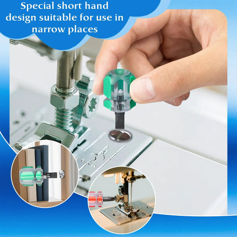 Close-up of a hand using a screwdriver from the 15 Piece Sewing Machine Cleaning Kit With Screwdriver, Tweezers, Double Headed Brush, Silicone Brush, Rippers, And Storage Case For Easy DIY Maintenance And Daily Machine Cleaning on a sewing machine.