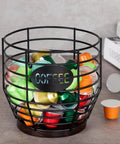 Large Capacity Black Wire Coffee Pod Holder With Wooden Base, Modern Basket Style filled with colorful coffee pods for Keurig, Dolce Gusto, VertuoLine and Nestle Original Pods