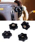 Four Pack M6 Six Star Knobs, Solid Black Nylon Screw On Through Threaded Clamps, Smooth Twist Hand Tightening Hardware For Garage Builds And Rig Mods, featuring four black star knobs near a sewing machine.