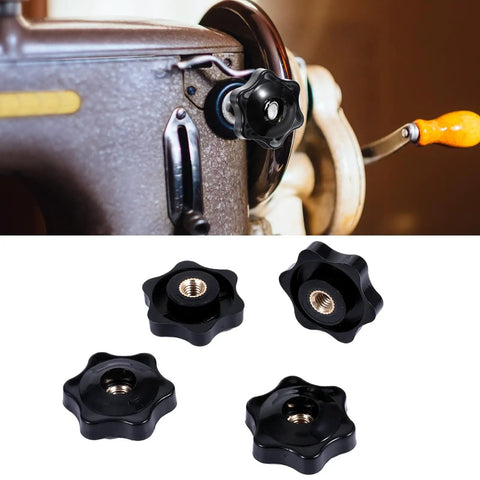 Four Pack M6 Six Star Knobs, Solid Black Nylon Screw On Through Threaded Clamps, Smooth Twist Hand Tightening Hardware For Garage Builds And Rig Mods, featuring four black star knobs near a sewing machine.