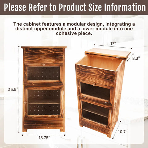 Two In One Wooden Potato And Onion Storage Bin With Lid And Mesh Doors Stackable Bread And Vegetable Cabinet For Kitchen Space Saving Rustic Pantry Organizer For Potatoes Onions Fruit And More with dimensions and rustic design.