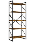 Clean Five Tier Bookshelf In Rustic Brown Industrial Tall Bookcase with metal frame, showcasing five wooden shelves.