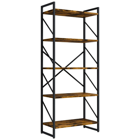 Clean Five Tier Bookshelf In Rustic Brown Industrial Tall Bookcase with metal frame, showcasing five wooden shelves.