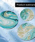 Diamond Art Coaster Set With Holder For DIY Craft Lovers, 8 Teal Marble Coasters With Cork Pads displayed with water droplets