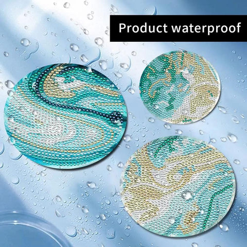 Diamond Art Coaster Set With Holder For DIY Craft Lovers, 8 Teal Marble Coasters With Cork Pads displayed with water droplets