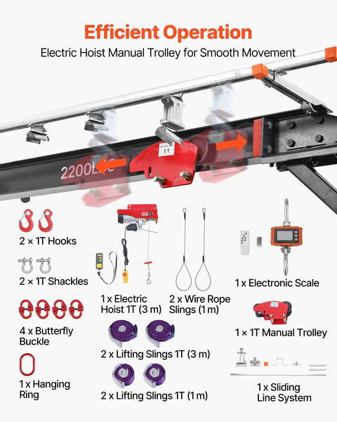Heavy Duty Gantry Crane With 2200 Lb Capacity And Electric Hoist, including hooks, shackles, trolley, and electric hoist components.