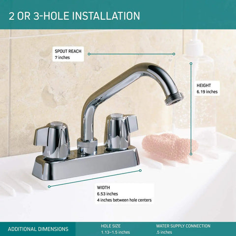 2-Handle Centerset Utility Sink Faucet In Chrome, Built Tough With Durable Finish, Fits 2-Hole Or 3-Hole Install, Threaded Spout