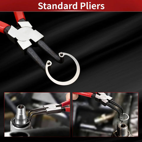 7 Inch Snap Ring Pliers With 90 Degree Bent Tips For Internal Circlip Installations And Retaining Ring Removal Precision Forged Internal Pliers Built Tough With Durable Red Handle For Easy Slip Free Gripping shown removing a retaining ring from machinery.