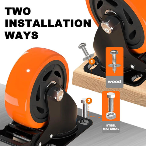 Set of 4 4-inch orange heavy-duty locking caster wheels with mounting plates and dual brakes