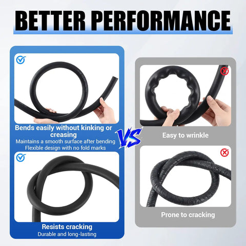Comparison of 5/8 Inch ID Heater Hose vs. traditional hose, showing bending flexibility and resistance to cracking and creasing.