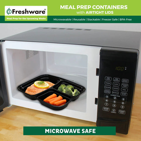 Grab And Go Meal Prep Containers 50 Pack With 3 Compartments 24 Oz Each Bento Boxes BPA Free in microwave demonstration