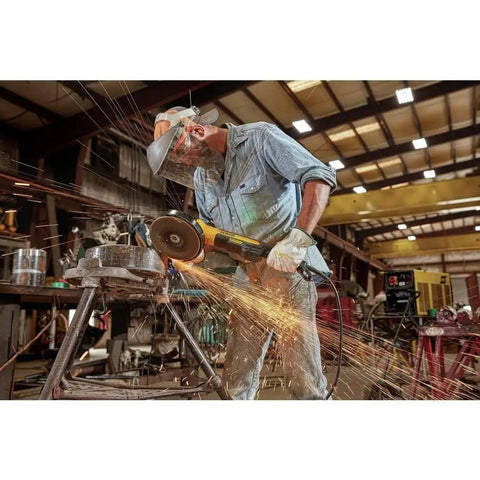 Professional using RAT Tail 7 Inch Angle Grinder with 13 Amp Brushless Motor No Brush Changes and Quick Stop Kickback Brake in workshop