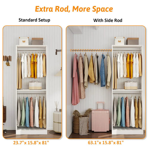 Heavy Duty White Closet System With Twelve Hanging Rods And Shelves Eight Foot Modular Walk In Organizer Custom Adjustable Wooden Storage Rack Haul Ready showing standard and side rod setups.
