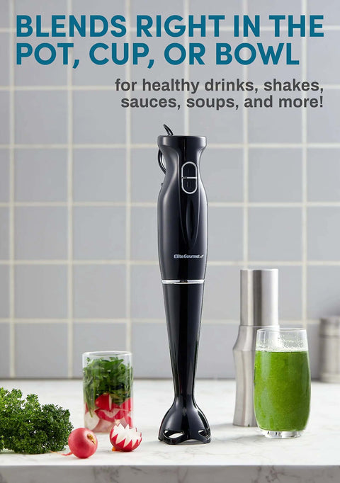 Heavy Hitter Immersion Hand Blender Packs A Killer 300 Watt Motor With Two Adjustable Speeds To Quickly Blend Silky Smoothies Thick Soups And Baby Food No Drama on a kitchen counter with fresh ingredients.