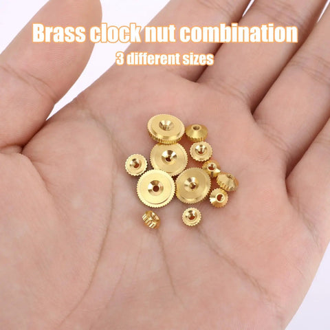 Brass Clock Hand Nut Set 24 Pack In Three Sizes 5mm 6mm 10mm displayed on a hand for size comparison and details