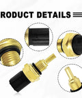 Engine coolant temperature sensor with brass threaded body, black plastic connector, rubber O-ring; multiple views.