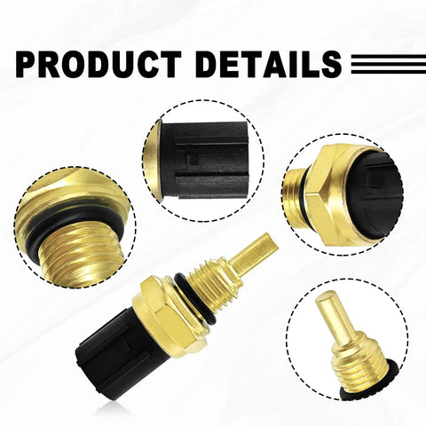 Engine coolant temperature sensor with brass threaded body, black plastic connector, rubber O-ring; multiple views.