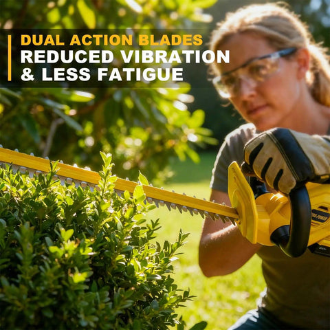 Person using 22 Inch Cordless Hedge Trimmer Compatible With Dewalt 20V Max Battery Lightweight Yet Powerful Bad Boy For Quick Clean Edges On Lawns And Shrubs Battery And Charger Not Included on bush