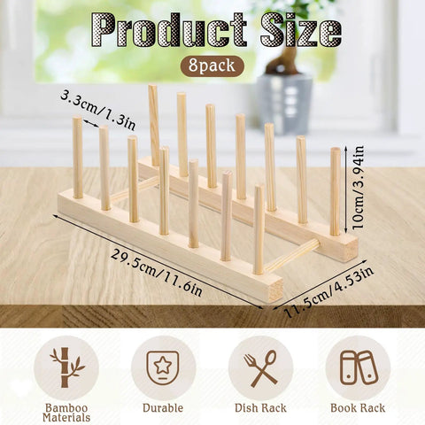 Eight Pack Bamboo Wooden Plate Rack Six Slots Kitchen Dish Drying Organizer For Pots Lids Cutting Boards Cups No Sweat Setup with dimensions.