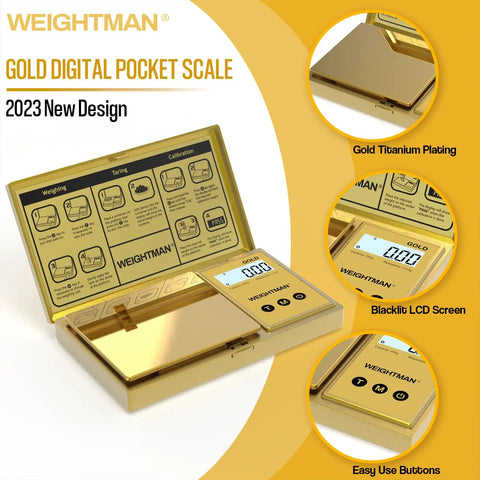 Pocket Scale 200G Capacity With 0.01G Precision, Gold Titanium Plating, LCD Backlit Display, mini jewelry scale open view