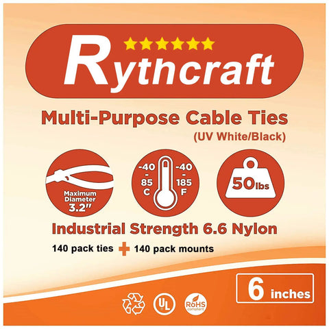 Product packaging of Rythcraft 6-inch white/black multi-purpose cable ties, industrial strength 6.6 nylon, 140 pack ties and mounts.