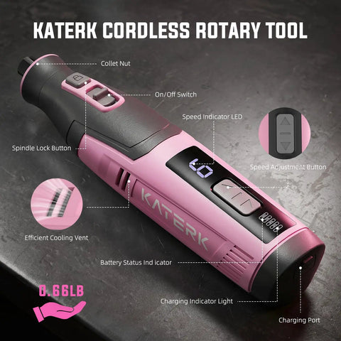 Pink 4V Cordless Rotary Tool Kit With Seventy Heavy Duty Bits And Slick Engraving Handle for detailed wood carving and metal polishing.