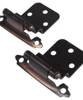 Self Closing Cabinet Hinges Oil Rubbed Bronze 50 Pack Three Eighth Inch Inset Variable Overlay Space Saving Kitchen Cabinet Door Hardware Easy Install With Free Mounting Hardware Individually Wrapped For Scratch Protection, showing two hinges with oil rubbed finish and mounting holes.
