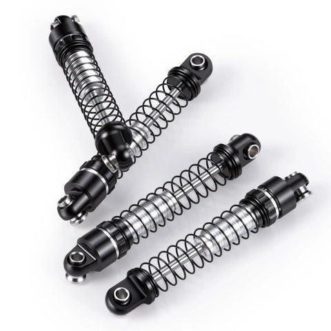 Beefy Aluminum 28mm RC Car Shocks for Axial SCX30 K10 JLU 1/30 Crawler Upgrades Black in quad arrangement on white background