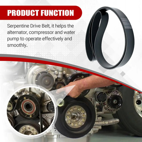 Top Grade Serpentine Drive Belt For Paccar Kenworth Peterbilt Trucks Replaces D84-1000-6122310 shown in engine compartment with components.
