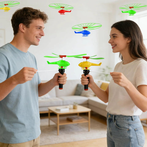 Two people launching colorful helicopters from the Colorful Helicopters And Airplanes Set With Launcher, 20 Flying Toys For Party Favors.
