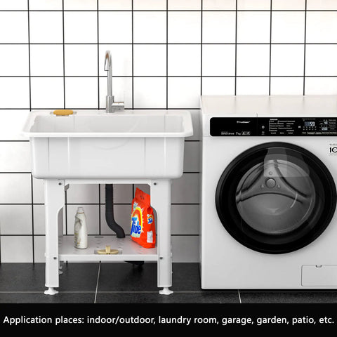 Freestanding Plastic Laundry Sink With Detachable Washboard And Hot And Cold Faucet Hoses And Drain Kit Indoor Outdoor Utility Sink