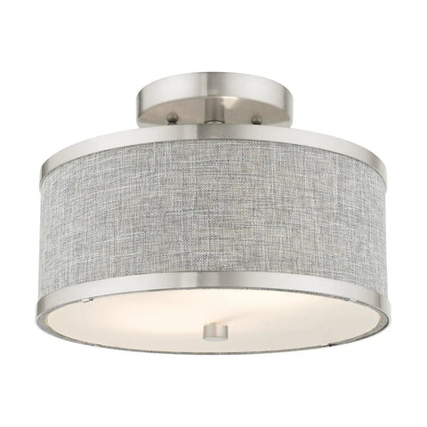 Two Light Brushed Nickel Semi Flush Ceiling Light With Gray Fabric Hardback Shade 11x11x8 Inches Requires 2 40W Medium Base Bulbs Not Included Park Ridge Collection