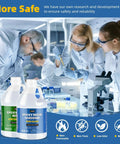 Researchers in lab coats examining samples next to bottles of epoxy resin and hardener, highlighting safety features.