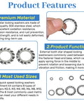 Front view of a 570-piece stainless steel external-tooth star locking washer set in eight metric sizes (M2.5–M12).