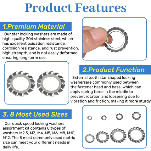 Front view of a 570-piece stainless steel external-tooth star locking washer set in eight metric sizes (M2.5–M12).