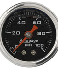 Front view of Auto Meter Autogauge fuel pressure gauge, black dial, chrome bezel, red needle, 0–100 psi