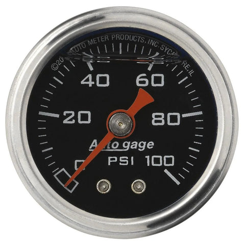 Front view of Auto Meter Autogauge fuel pressure gauge, black dial, chrome bezel, red needle, 0–100 psi