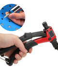 Close-up of Rivet Nut Gun Kit Hand Riveter Manual Setter Tool M3 to M6 with comfy grip, used on metal panel.
