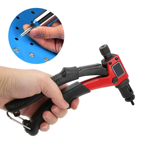 Close-up of Rivet Nut Gun Kit Hand Riveter Manual Setter Tool M3 to M6 with comfy grip, used on metal panel.