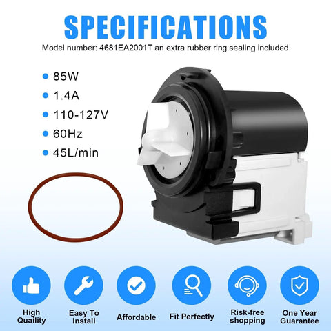 Washer Drain Pump Motor Replacement For LG And Kenmore Washers with specifications and rubber ring sealing included.