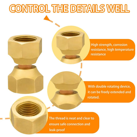 Two Pack One Half Inch Female To One Half Inch Female Double Flare Swivel Brass Adapter Fittings With Beefy Brass Build And Easy Install Swivel Nut Flare Tube Connector For Valve Lines Hydraulic Automotive And HVAC DIY Projects, brass flare nut close-up