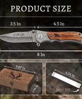 Engraved Custom Pocket Knife For Men, Personalized Name And Message, 8-inch premium steel knife with wood handle and gift box shown
