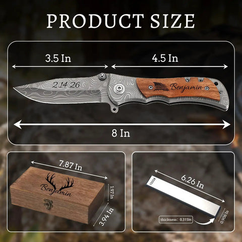 Engraved Custom Pocket Knife For Men, Personalized Name And Message, 8-inch premium steel knife with wood handle and gift box shown