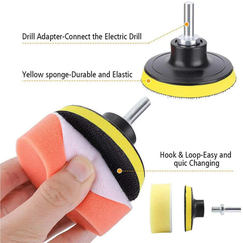Hand holding Pro Grade Drill Buffing Kit with 14pcs polishing wheels and buffing pads for automotive detailing, yellow sponge.