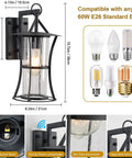 Dusk To Dawn Matte Black Outdoor Wall Light With Seed Glass, E26 base, bulb compatibility shown, waterproof design