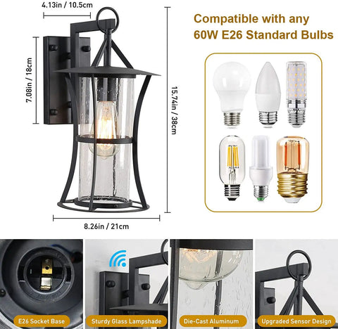 Dusk To Dawn Matte Black Outdoor Wall Light With Seed Glass, E26 base, bulb compatibility shown, waterproof design