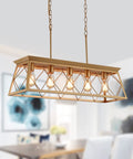Five Light Gold Modern Farmhouse Chandelier for Kitchen Island with rectangular design, five bulbs, ideal for dining areas.
