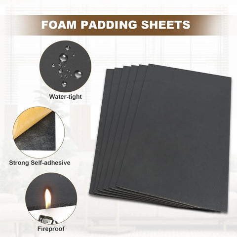 Six Pack Adhesive Neoprene Foam Sheets One Eighth Inch Thick Twelve By Eight Inch showing waterproof and fireproof features.