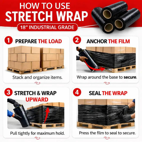 40 Pack 18 Inch Black Stretch Wrap 80 Gauge Heavy Duty Pallet And Package Security Film For Moving Shipping And Storage 1,100 Sq Ft Of Durable Protective Wrap. How to use stretch wrap with pallet load steps
